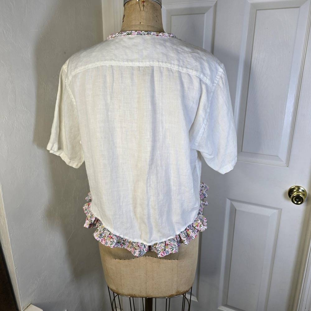Upcycled off white womens cottagecore Linen floral ruffle. ‎ oversized S-M - Picture 5 of 7